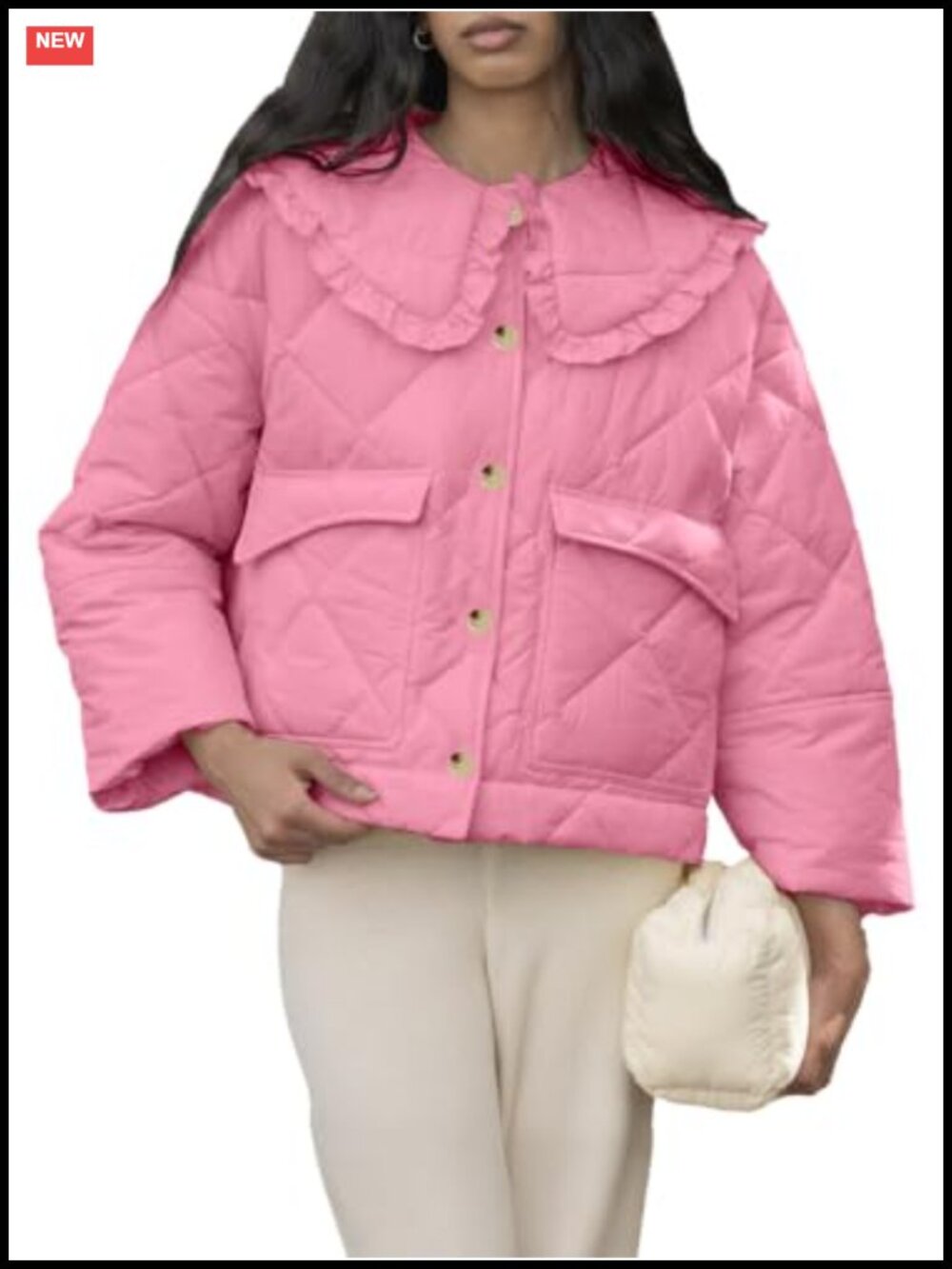 Women Cropped Quilted Puffer Jacket Frilly Peter Pan Collar Button Coat
